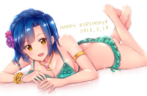 イラスト 1163x765 と アイドルマスター アイドルマスターミリオンライブ! 七尾百合子 ima (lm ew) ソロ カメラ目線 短い髪 おっぱい 開いた口 light erotic 茶目 青い髪 全身 修正版 happy birthday 女の子 髪飾り 水着 ビキニ (水着) 腕輪