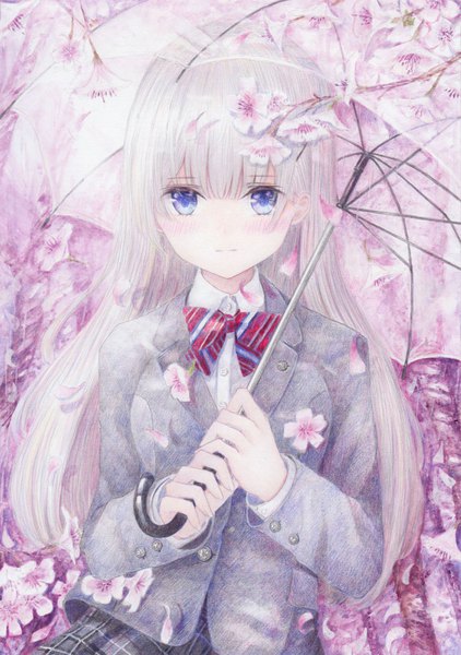 Anime picture 1126x1600 with original darkkanan single long hair tall image looking at viewer blush fringe blue eyes holding silver hair blunt bangs long sleeves cherry blossoms traditional media transparent umbrella colored pencil (medium) girl uniform flower (flowers)