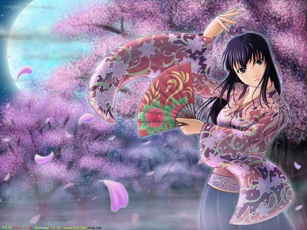 Anime picture 1152x864 with virtua fighter umenokouji aoi serio555 long hair purple hair japanese clothes night cherry blossoms girl plant (plants) petals tree (trees) water moon fan