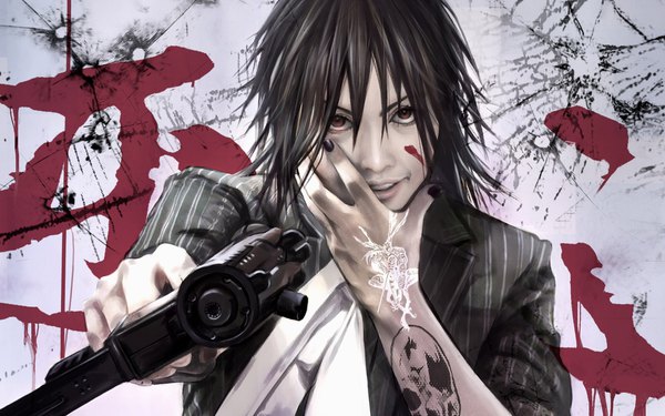 Anime picture 1920x1200 with original eat0123 single looking at viewer fringe highres short hair black hair smile hair between eyes brown eyes nail polish realistic tattoo watermark hand on face blood on face pointing at viewer broken glass boy