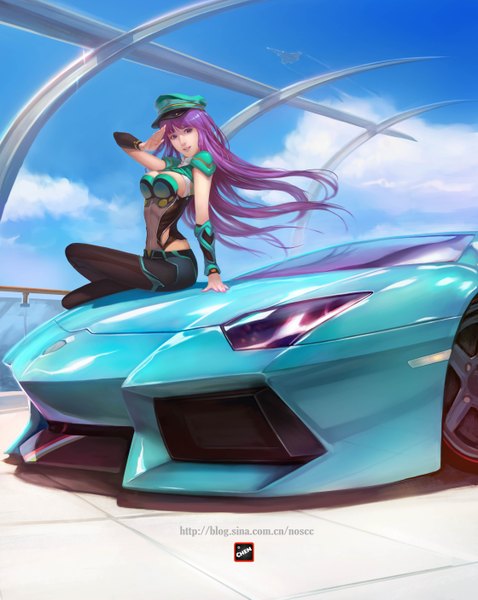 Anime picture 4480x5629 with original lamborghini specv single long hair tall image looking at viewer highres smile sitting purple eyes absurdres sky purple hair cloud (clouds) nail polish wind text girl pantyhose