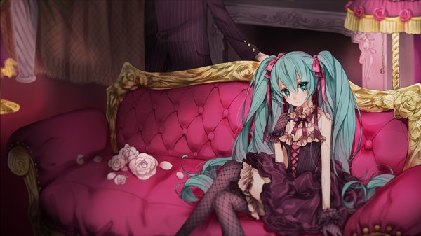 Anime picture 1920x1080 with vocaloid hatsune miku marchen noir looking at viewer blush fringe highres hair between eyes wide image sitting twintails bare shoulders indoors very long hair head tilt aqua eyes light smile blurry aqua hair arm support