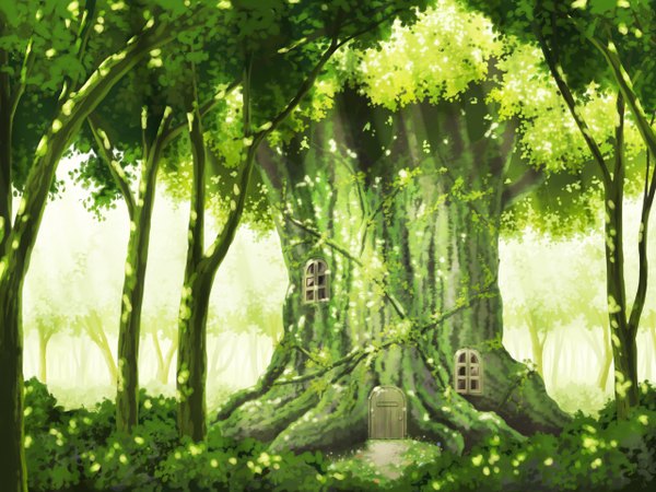 Anime picture 1280x960 with touhou aoha (twintail) sunlight no people landscape summer plant (plants) tree (trees) window forest door