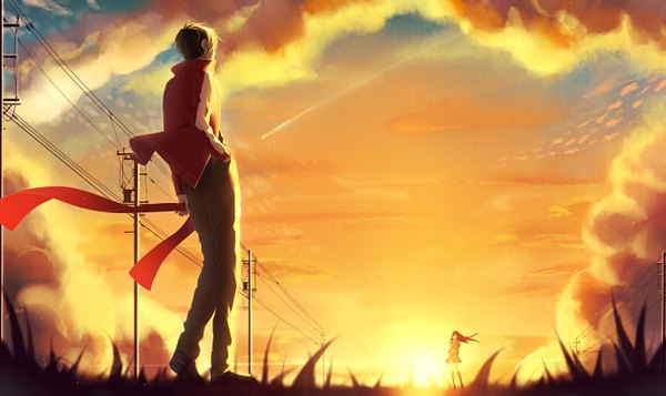 Anime picture 2894x1724 with kagerou project shaft (studio) tateyama ayano kisaragi shintarou p.rupon long hair highres short hair black hair wide image sky cloud (clouds) wind from behind evening sunset hand in pocket girl boy uniform