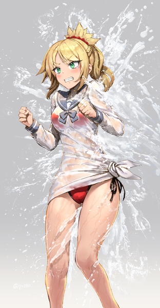 Anime picture 620x1191 with fate (series) fate/grand order mordred (fate) mordred (swimsuit rider) (fate) pyz (cath x tech) single long hair tall image blush fringe breasts light erotic blonde hair simple background green eyes payot looking away ponytail braid (braids) long sleeves