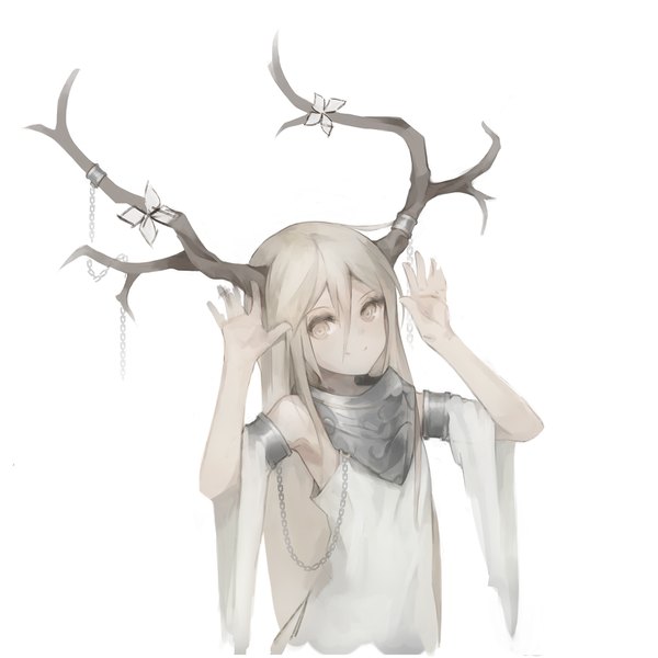 Anime picture 1654x1654 with original gyup91 single long hair looking at viewer fringe simple background blonde hair smile hair between eyes white background brown eyes upper body horn (horns) wide sleeves arms up girl dress detached sleeves white dress