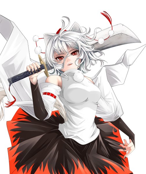 Anime picture 2100x2500 with touhou inubashiri momiji single tall image looking at viewer highres short hair open mouth red eyes white hair girl skirt weapon detached sleeves miniskirt sword