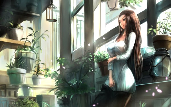Anime picture 2000x1252 with original kikivi single long hair highres breasts brown hair large breasts brown eyes looking away girl plant (plants) petals window sweater dress