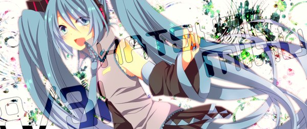 Anime picture 1700x717 with vocaloid hatsune miku haruka (fizz) single long hair blush open mouth wide image twintails blue hair very long hair pleated skirt aqua eyes inscription girl detached sleeves miniskirt necktie headphones