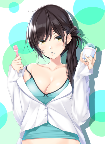 Anime-Bild 924x1266 mit original n69 single long hair tall image looking at viewer blush fringe breasts black hair hair between eyes holding yellow eyes cleavage parted lips side ponytail sleeves past wrists strap slip polka dot partially open clothes