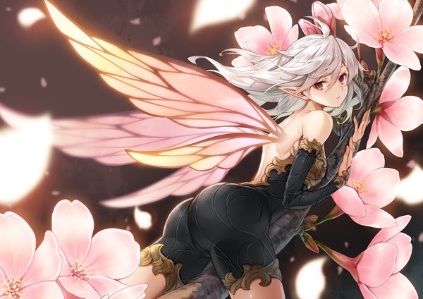 Anime picture 2047x1447 with original hagure keg single long hair fringe highres light erotic hair between eyes red eyes silver hair ahoge ass parted lips looking back pointy ears floating hair fantasy insect wings minigirl fairy