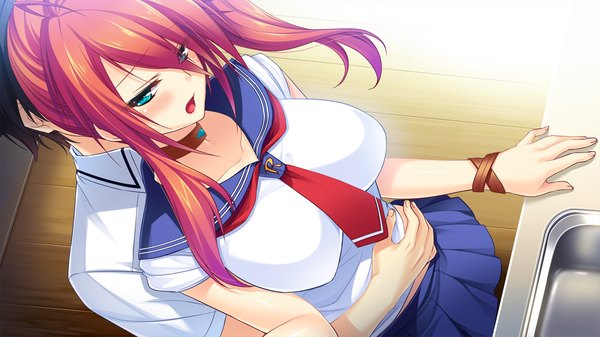 Anime picture 1280x720 with tsuyokiss next long hair blush breasts open mouth blue eyes wide image large breasts game cg ponytail red hair couple hug girl boy skirt uniform serafuku necktie