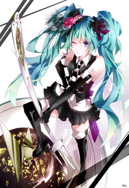 Anime picture 1032x1500 with vocaloid hatsune miku tyouya tall image blue eyes twintails very long hair one eye closed wink aqua hair girl gloves ribbon (ribbons) hair ribbon hat miniskirt elbow gloves thigh boots fork