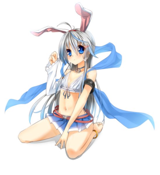 Anime picture 2268x2478 with uke (artist) single long hair tall image looking at viewer blush highres breasts blue eyes simple background white background animal ears grey hair bunny ears flat chest bunny girl girl skirt navel hair ornament