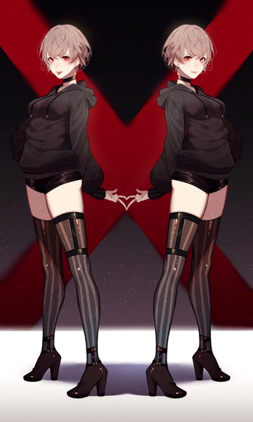 Anime picture 900x1500 with original kisui tall image looking at viewer blush fringe short hair breasts light erotic simple background hair between eyes red eyes large breasts standing multiple girls full body long sleeves high heels piercing black background