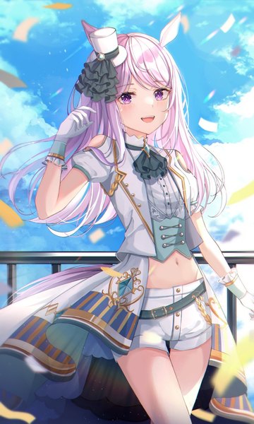 Anime picture 864x1440 with umamusume mejiro mcqueen (umamusume) yulha 06 single long hair tall image looking at viewer blush fringe open mouth smile standing purple eyes animal ears payot sky purple hair cloud (clouds) outdoors tail