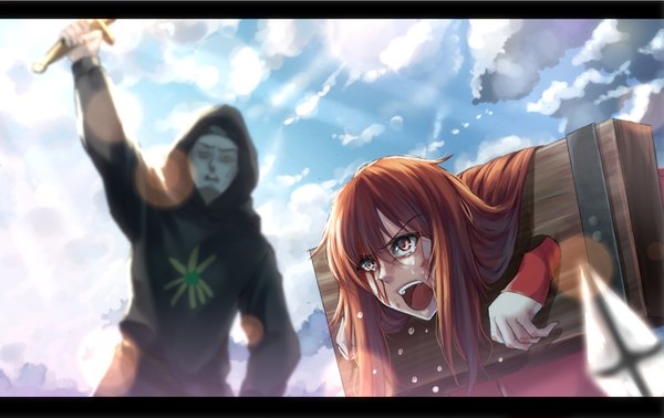 Anime picture 1695x1068 with maoyuu maou yuusha arms corporation maou (maoyuu) papirorooru long hair fringe open mouth hair between eyes brown hair holding brown eyes payot looking away sky cloud (clouds) sunlight blurry teeth tears lens flare