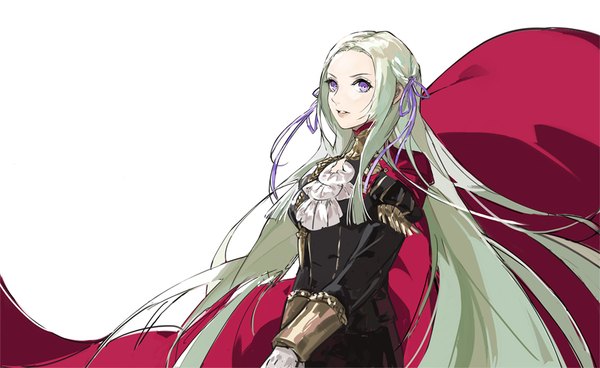 Anime picture 1000x614 with fire emblem fire emblem: three houses nintendo edelgard von hresvelg n0ise single long hair looking at viewer simple background wide image standing white background purple eyes white hair long sleeves parted lips girl uniform ribbon (ribbons) hair ribbon
