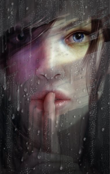 Anime picture 3288x5184 with original evniki single long hair tall image looking at viewer highres open mouth blue eyes brown hair absurdres realistic finger to mouth girl water drop