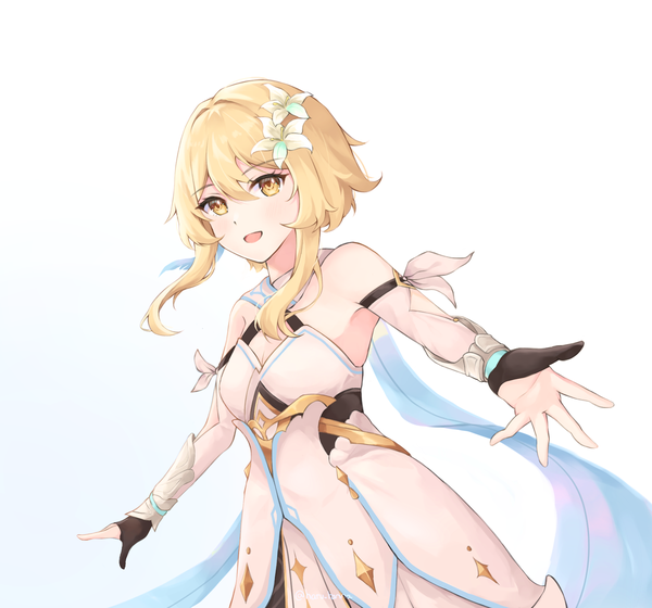 Anime picture 1788x1668 with genshin impact lumine (genshin impact) harukix single fringe highres short hair open mouth simple background blonde hair hair between eyes white background yellow eyes :d hair flower spread arms girl dress flower (flowers) white dress