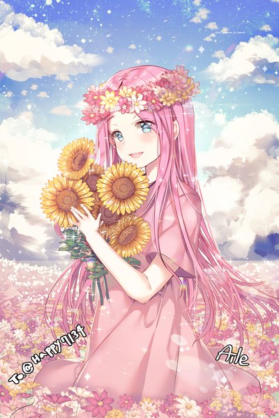 Anime picture 600x900 with original aile (crossroads) single long hair tall image looking at viewer blush fringe open mouth blue eyes smile standing signed pink hair sky cloud (clouds) outdoors :d sparkle short sleeves