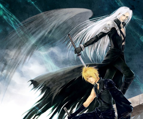 Anime picture 1440x1200 with final fantasy square enix cloud strife sephiroth blonde hair white hair sword wings