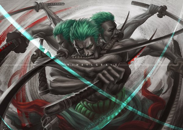 Anime picture 1322x945 with one piece toei animation roronoa zoro vinrylgrave single looking at viewer short hair holding signed one eye closed green hair piercing mouth hold ear piercing scar topless muscle spot color aura extra arms