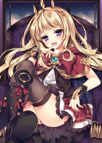 Anime picture 740x1035 with granblue fantasy cagliostro (granblue fantasy) sorai shin'ya single long hair tall image looking at viewer blush open mouth light erotic blonde hair purple eyes girl thighhighs dress black thighhighs boots