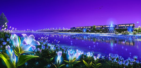 Anime picture 1600x781 with original kagaya wide image sky light no people fantasy scenic river meadow flower (flowers) animal bird (birds) insect train fireflies