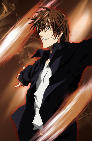 Anime picture 3000x4593 with death note madhouse yagami light xryuuzakii single tall image highres short hair smile red eyes brown hair open clothes open shirt coloring spread arms smirk boy shirt pants black shirt