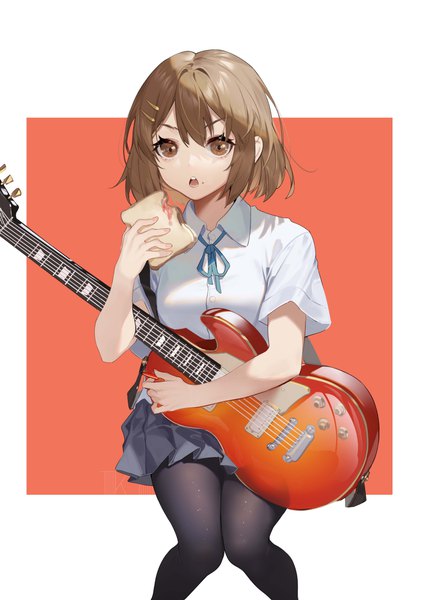 Anime picture 2894x4093 with k-on! kyoto animation hirasawa yui koi han single tall image looking at viewer fringe highres short hair open mouth simple background brown hair sitting holding brown eyes bent knee (knees) pleated skirt short sleeves border