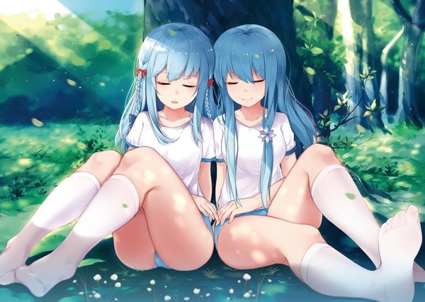 Anime picture 2515x1787 with warship girls r shirayuki (warship girls r) fubuki (warship girls r) dust (394652411) long hair blush fringe highres open mouth light erotic smile hair between eyes sitting multiple girls payot blue hair bent knee (knees) ass outdoors braid (braids)