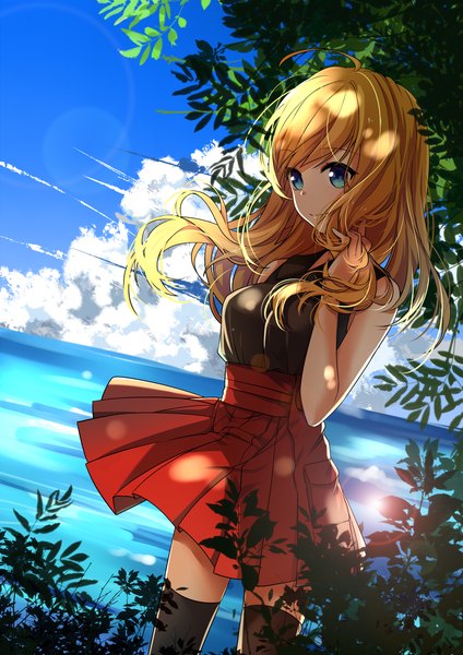 Anime picture 1767x2500 with pokemon pokemon xy nintendo serena (pokemon) transistor (poppy) single long hair tall image highres blue eyes blonde hair looking away sky cloud (clouds) girl thighhighs skirt black thighhighs