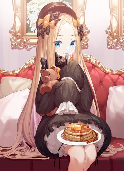 Anime picture 3004x4131 with fate (series) fate/grand order abigail williams (fate) munseonghwa single long hair tall image looking at viewer blush fringe highres blue eyes blonde hair sitting holding payot absurdres eating hands in sleeves girl