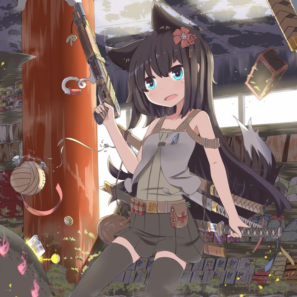 Anime picture 1920x1920 with original hinbackc single long hair fringe highres open mouth blue eyes black hair hair between eyes standing holding animal ears looking away tail animal tail pleated skirt hair flower fox ears fox tail