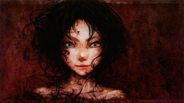 Anime picture 1920x1080 with original 100 masters of bishoujo painting enta shiho single looking at viewer highres short hair black hair simple background wide image aqua eyes portrait red background girl