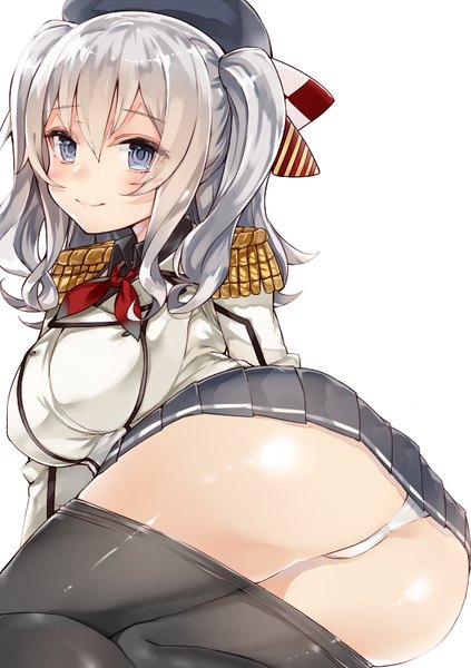 Anime picture 565x800 with kantai collection kashima training cruiser kou mashiro single long hair tall image blush breasts blue eyes light erotic simple background smile large breasts white background twintails looking away silver hair ass pleated skirt on side