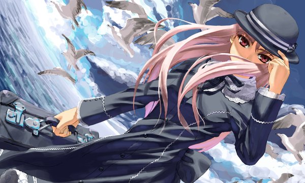 Anime picture 1800x1080 with original tantaka single long hair looking at viewer highres wide image pink hair sky cloud (clouds) pink eyes wind girl hat animal sea bird (birds) suitcase seagull