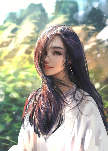 Anime picture 3600x5000 with original nixeu single long hair tall image looking at viewer fringe highres brown hair brown eyes absurdres outdoors wind lips blurry hair over one eye realistic mole mole under eye girl