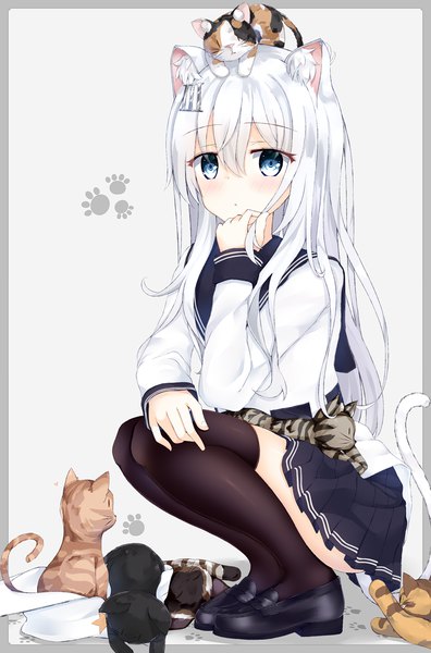 Anime-Bild 891x1348 mit kantai collection hibiki destroyer verniy destroyer niruanu (nitayam) single long hair tall image looking at viewer blush fringe blue eyes simple background hair between eyes animal ears full body white hair tail long sleeves animal tail pleated skirt