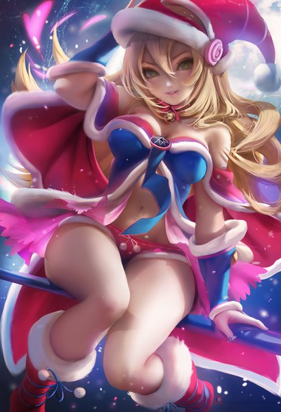 Anime-Bild 2395x3500 mit yu-gi-oh! dark magician girl sakimichan single long hair tall image looking at viewer blush fringe highres light erotic blonde hair smile hair between eyes sitting green eyes cleavage head tilt realistic arm support