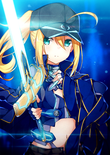 Anime picture 1003x1416 with fate (series) fate/grand order fate/extra fate/extella artoria pendragon (all) mysterious heroine x (fate) taiyaki (astre) single long hair tall image looking at viewer fringe blonde hair hair between eyes payot upper body ahoge ponytail aqua eyes bare belly