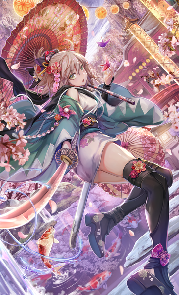 Anime picture 730x1200 with fate (series) fate/grand order okita souji (fate) (all) okita souji (koha-ace) torino aqua single tall image looking at viewer fringe short hair open mouth blonde hair hair between eyes holding green eyes ahoge ponytail traditional clothes japanese clothes wide sleeves