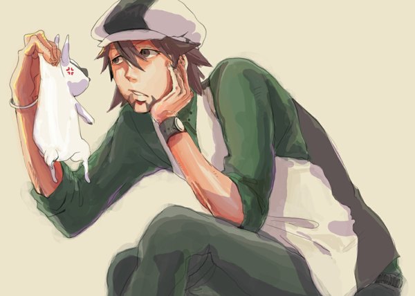 Anime picture 1127x804 with tiger & bunny sunrise (studio) kaburagi t. kotetsu totototott single fringe short hair simple background hair between eyes brown hair white background looking away head rest anger vein boy hat animal shirt vest clock