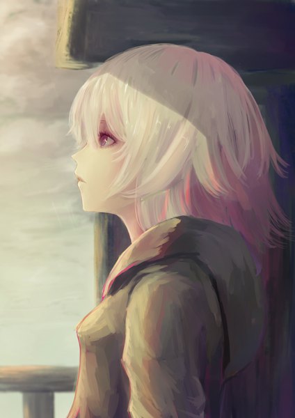 Anime picture 1190x1684 with original pip (red juice1869) tall image short hair blue eyes looking away cloud (clouds) white hair parted lips profile sunlight shadow girl hood hoodie