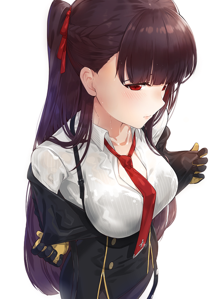 Anime picture 770x1070 with girls frontline wa2000 (girls frontline) kfr single long hair tall image fringe light erotic simple background red eyes white background purple hair blunt bangs from above side ponytail undressing wet clothes open collar wet shirt 3:
