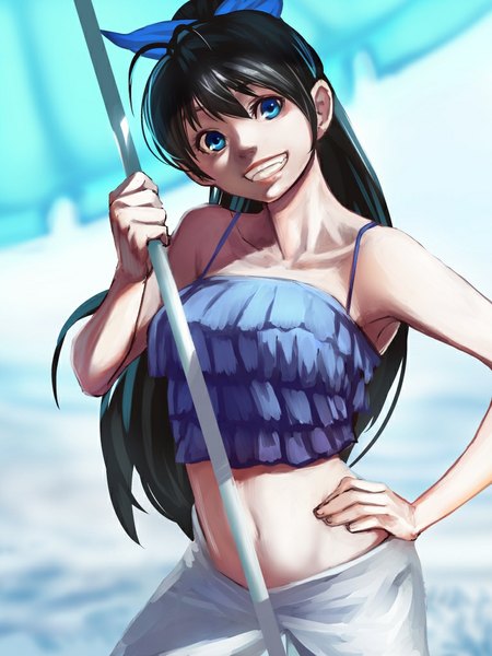 Anime picture 768x1024 with idolmaster ganaha hibiki bukimi isan single long hair tall image fringe blue eyes black hair smile holding ponytail teeth bare belly midriff hand on hip grin girl navel bow