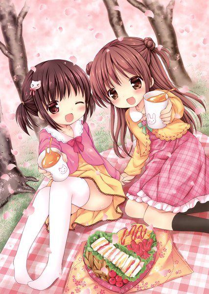 Anime picture 2489x3500 with original yin-ting tian long hair tall image blush highres short hair open mouth black hair brown hair sitting multiple girls one eye closed wink scan official art loli cherry blossoms girl thighhighs