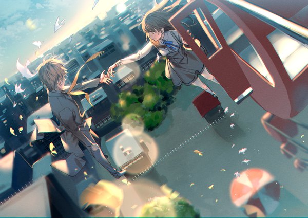 Anime picture 1518x1075 with koi to producer: evol x love heroine (koi to producer) haku (evol x love) tefco long hair short hair brown hair yellow eyes sky cloud (clouds) outdoors from above wind sunlight dutch angle couple lens flare city cityscape outstretched hand