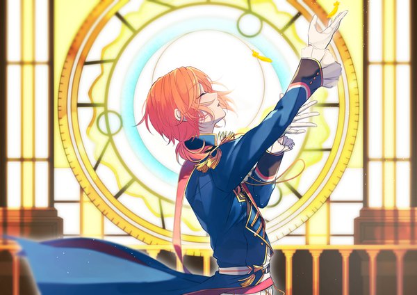 Anime picture 1684x1191 with ensemble stars! tsukinaga leo 3p ha sleep single short hair standing indoors eyes closed profile arm up orange hair low ponytail boy gloves white gloves feather (feathers) stained glass